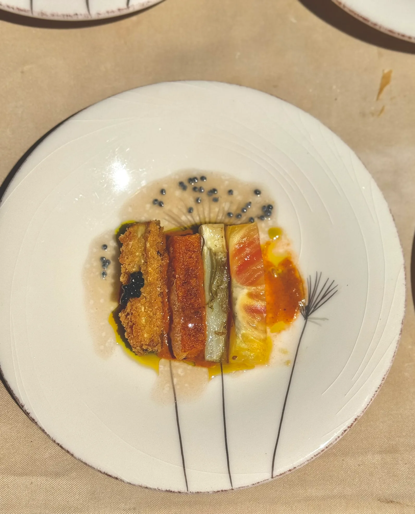 Fine dining crispy pork belly with caviar and artichoke terrine by Chef Matija